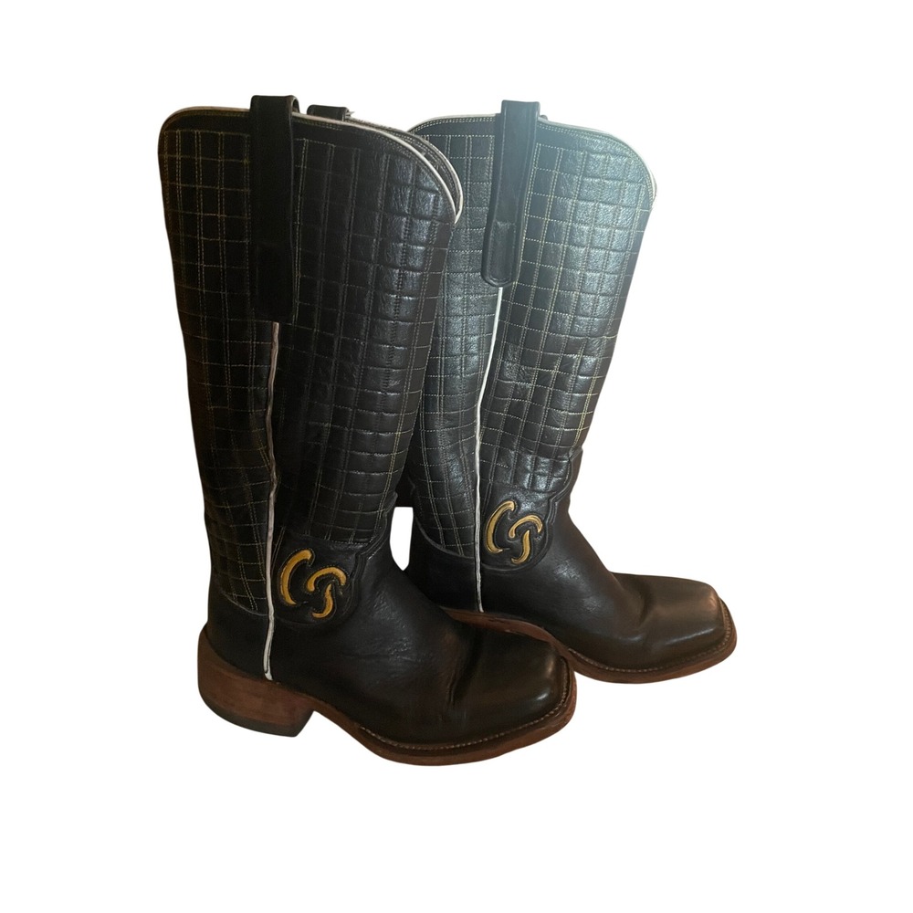 LN Custom Handmade Kids Black Leather Cowboy Boots Yellow Stitch Square Toe Sz 7